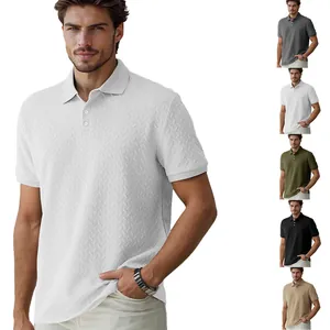 Detailed view of men's heavy jacquard polo shirt showing multiple color options for style