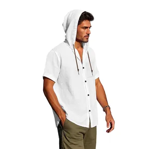 Herren Kurzarm-Leinenhemd mit Kapuze, Kordelzug und Brusttasche in eleganter Optik