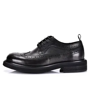 Classic black leather men's brogue shoes with platform thick sole and wingtip detail