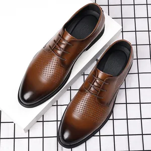Men's brown breathable hollowed Derby dress shoes with perforated design