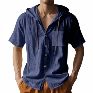 Kurzärmliges Herren-Leinenhemd mit Kapuze in Marineblau, Brusttasche und Kordelzug