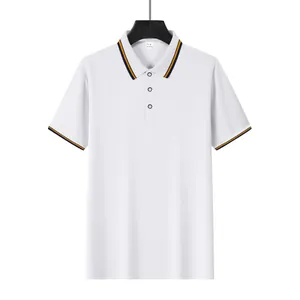 Detailed front view of a white mesh golf polo shirt with striped collar on a hanger