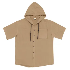 Kurzärmeliges Kapuzenhemd aus Leinenmischung in Khaki mit Kordelzug und Brusttasche