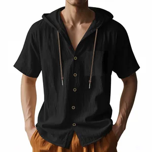 Schwarzes Kurzarm-Leinenhemd mit Kapuze, Tasche und Kordelzug für den lässigen Sommerlook