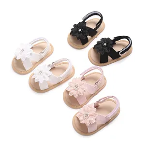 Cute floral summer baby sandals for girls 0-1 year old in white black and pink colors