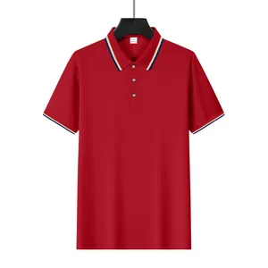 Red short-sleeve polo shirt with white and navy striped trim on collar and cuffs