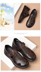 Close-up of men's brown leather breathable hollow sandals with secure hook-and-loop strap