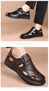 Detailed close-up of brown leather hollow casual sandal showing perforated texture and finish