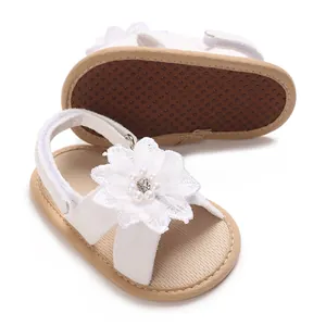 White baby girl sandals with decorative lace flower and non-slip soft sole for infants