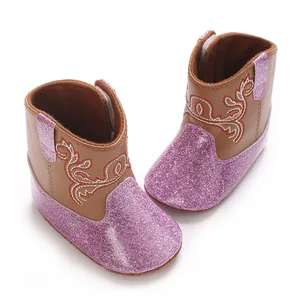 Schattige baby meisje western stijl wandellaarzen met roze glitter en bloemen borduurwerk