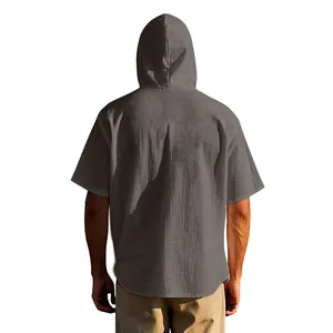 Rückansicht eines locker sitzenden Herren-Leinen-Kapuzenshirts in Anthrazitgrau