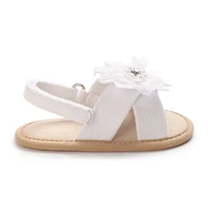 White baby girl sandals with 3D flower decoration and soft anti-slip sole for toddlers.