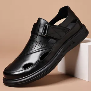 Men's First Layer Cowhide Genuine Leather Casual Sandals Hollow-out Breathable Non-slip Shoes For Father Soft Sole Sandals