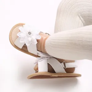 Close-up of baby girl summer sandals with cute lace flower and soft sole