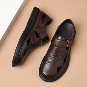 Men's hollow genuine leather casual sandals with anti-slip soft soles