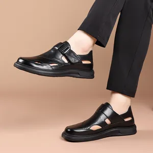Men's hollowed-out genuine leather casual shoes, slip-on breathable black dad sandals