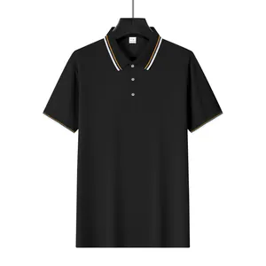 Detail view of a black men's quick-dry mesh polo shirt with striped collar and cuffs