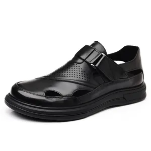Men's premium black hollow-out genuine leather casual shoes with breathable slip-on design