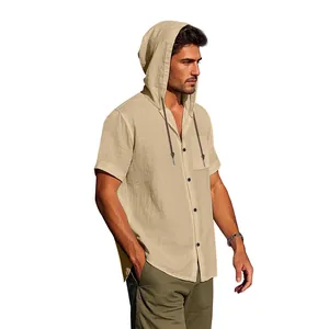 Lässiges kurzärmeliges Herren-Leinenhemd mit Kapuze, Kordelzug und Tasche