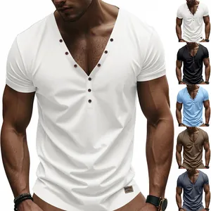 Men's slim fit short sleeve Henley T-shirt featuring a deep V-neck and button details