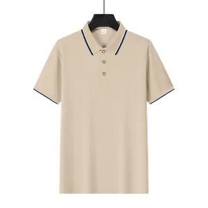 Detailed view of khaki mesh polo shirt with striped collar and cuffs for men's fashion style