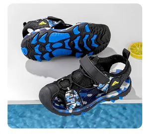 Detail of boys' camouflage beach sandals with non-slip sole and closed toe protection