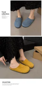 Detailed view of stylish casual suede closed-toe mules in blue and yellow vibrant colors