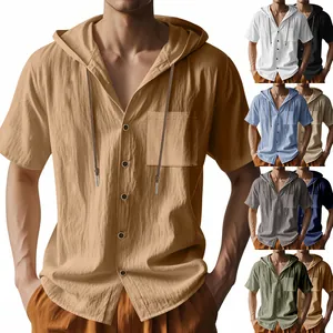 Herren Casual Leinen Polyester Kapuzen-T-Shirt Kurzarm Knöpfe Top Mit Tasche Kordelzug Lockeres Sommer Strand Hemd