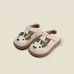 Cute cream baby girl leather walker shoes with animal face design and Velcro strap