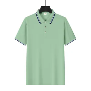 Detail of light green quick-dry mesh polo shirt with striped collar for men