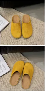 Close-up of stylish yellow suede closed-toe mules displayed on a neutral woven rug