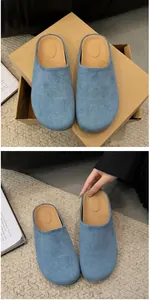 Detailed view of women's blue suede closed-toe platform mule slippers on a craft box