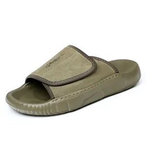 Men's premium top-layer cowhide slides featuring thick non-slip soles in olive green