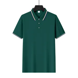 Front view of dark green mesh Polo shirt with striped collar and sleeve cuff details.