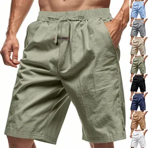Men's Summer Linen Breathable Shorts Casual Elastic Waist Drawstring Beach Shorts Loose Hip Hop Five Point Pants