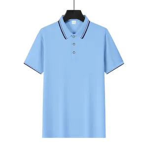 Detailed view of sky blue men's polo shirt featuring striped collar and cuff accents