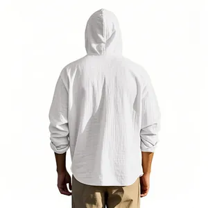 Back view of men's white hooded linen shirt, lightweight and breathable loose fit.