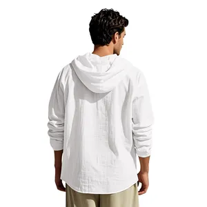 Back view of breathable white cotton linen hooded shirt for men in a relaxed bohemian style