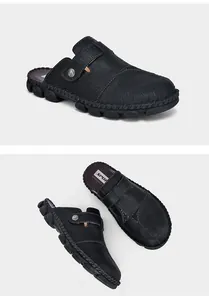 Detailed views showing the side and top of black men's hand-stitched leather casual sandals