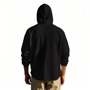 Detailed back view of a black men's breathable cotton linen hooded casual shirt