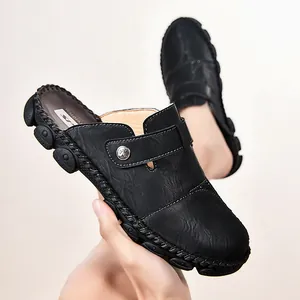 Casual black men's outdoor summer slippers with handmade stitching and mule design