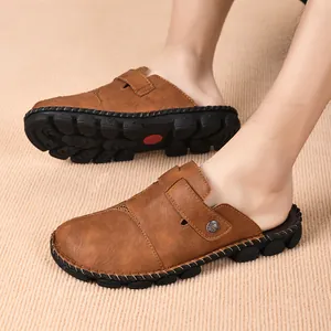 Casual men's brown leather mules with hand-stitched thick soles for outdoor wear