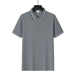 Macro detail of a grey mesh polo shirt showing the lapel and three-button placket