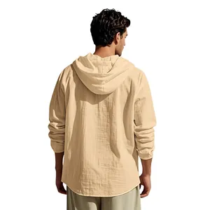 Back view of a breathable beige men's bohemian cotton linen hooded shirt for casual wear