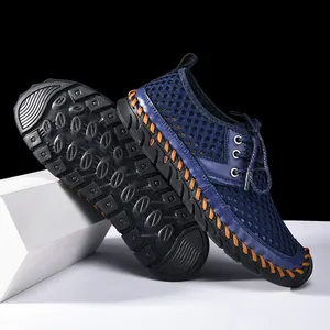 Detailed view of breathable mesh outdoor water shoes with durable hand-stitched sole for men