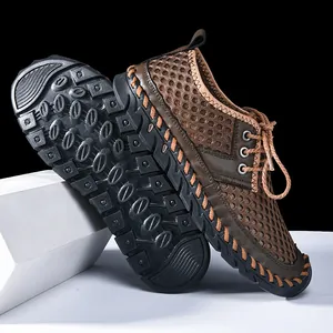 Close-up of mesh outdoor wading shoes with anti-slip sole and hand-stitched details