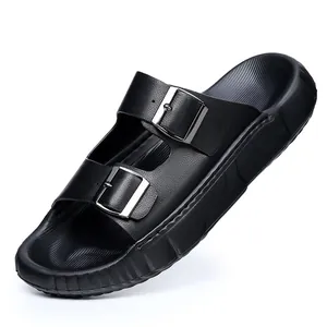 Sandales claquettes noires en cuir pour hommes avec double boucle et semelle épaisse EVA