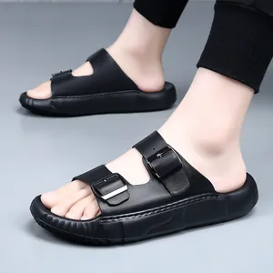 Mules en cuir noir pour homme avec doubles boucles réglables et semelle épaisse antidérapante