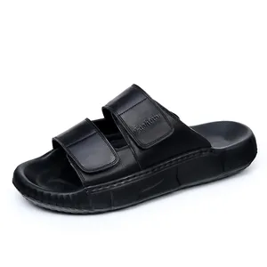 Luxe zwarte leren slippers voor heren met dikke antislip EVA-zool voor buitengebruik