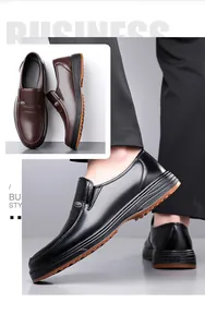 Vista detallada de zapatos de negocios para hombre en cuero en colores negro y marrón.